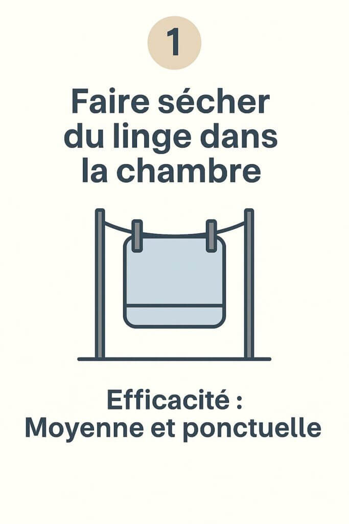 Illustration d’un étendoir avec une serviette suspendue. Méthode simple, gratuite et ponctuellement efficace pour humidifier une pièce.