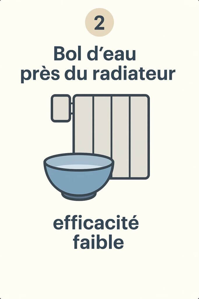 Illustration d’un bol d’eau placé devant un radiateur. Astuce classique à l’efficacité lente, utile en complément d’autres méthodes.