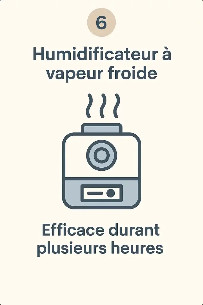 Illustration d’un humidificateur à vapeur froide. Efficacité constante sur plusieurs heures, idéal pour la nuit ou les enfants.