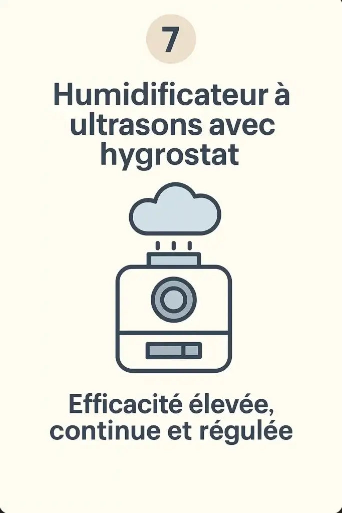 Illustration d’un humidificateur moderne avec nuage de brume. Efficacité élevée, continue et régulée automatiquement grâce à l’hygrostat.