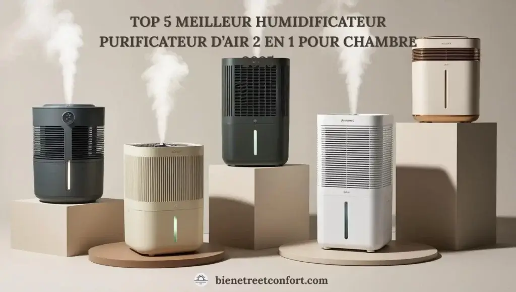 Infographie illustrant les 5 meilleurs humidificateurs-purificateurs d’air 2-en-1 pour chambre en 2025. Cinq appareils diffusent de la vapeur, sur fond neutre, avec le logo bienetreetconfort.com en bas. Image Pinterest optimisée pour le blog.