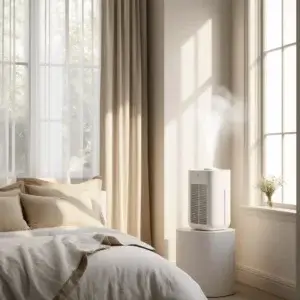 Humidificateur purificateur d'air 2-en-1 : Avantages Humidificateur d’air blanc diffusant de la vapeur dans une chambre apaisante avec lumière naturelle et linge de lit beige.