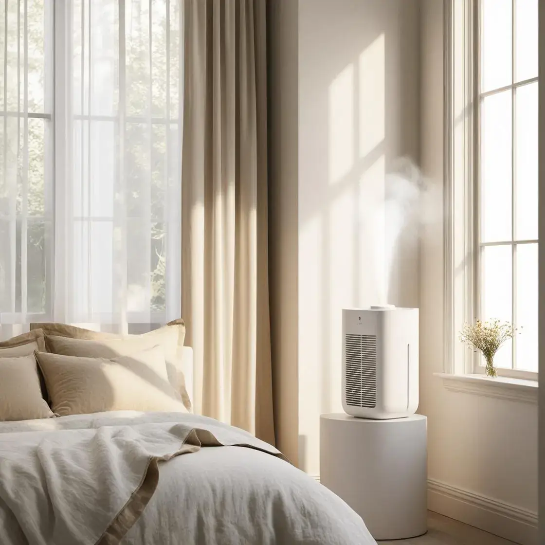 Humidificateur d’air blanc diffusant de la vapeur dans une chambre apaisante avec lumière naturelle et linge de lit beige.