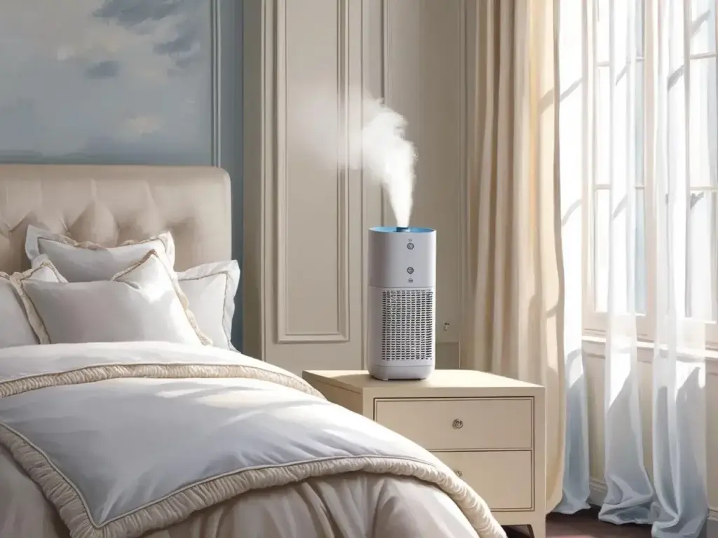 Vue d’un humidificateur-purificateur d’air en fonctionnement sur une table de chevet dans une chambre élégante et lumineuse, idéale pour un meilleur sommeil.