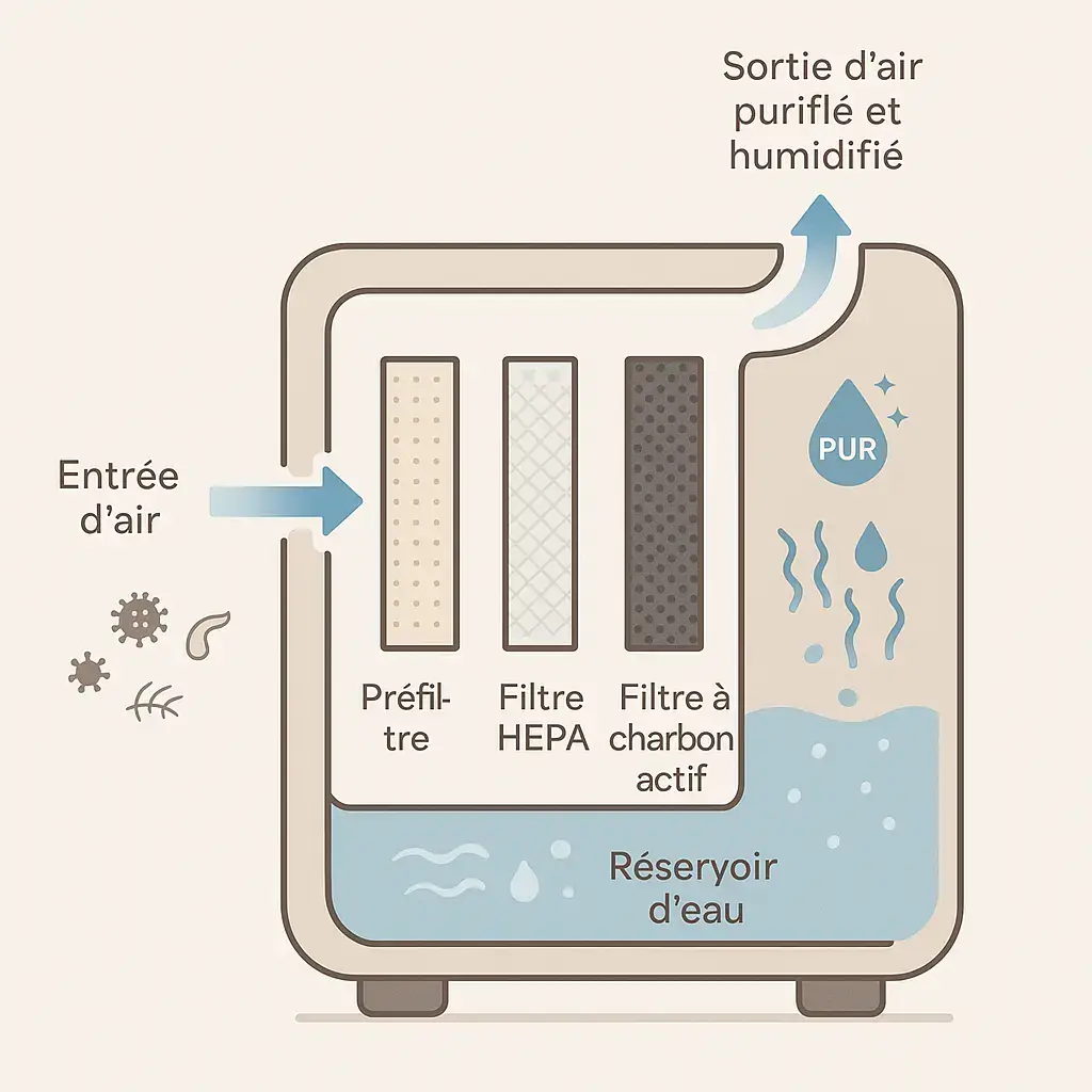 Schéma du fonctionnement d’un humidificateur purificateur d’air 2-en-1 : entrée d’air, filtres HEPA et charbon actif, humidification, sortie d’air pur.