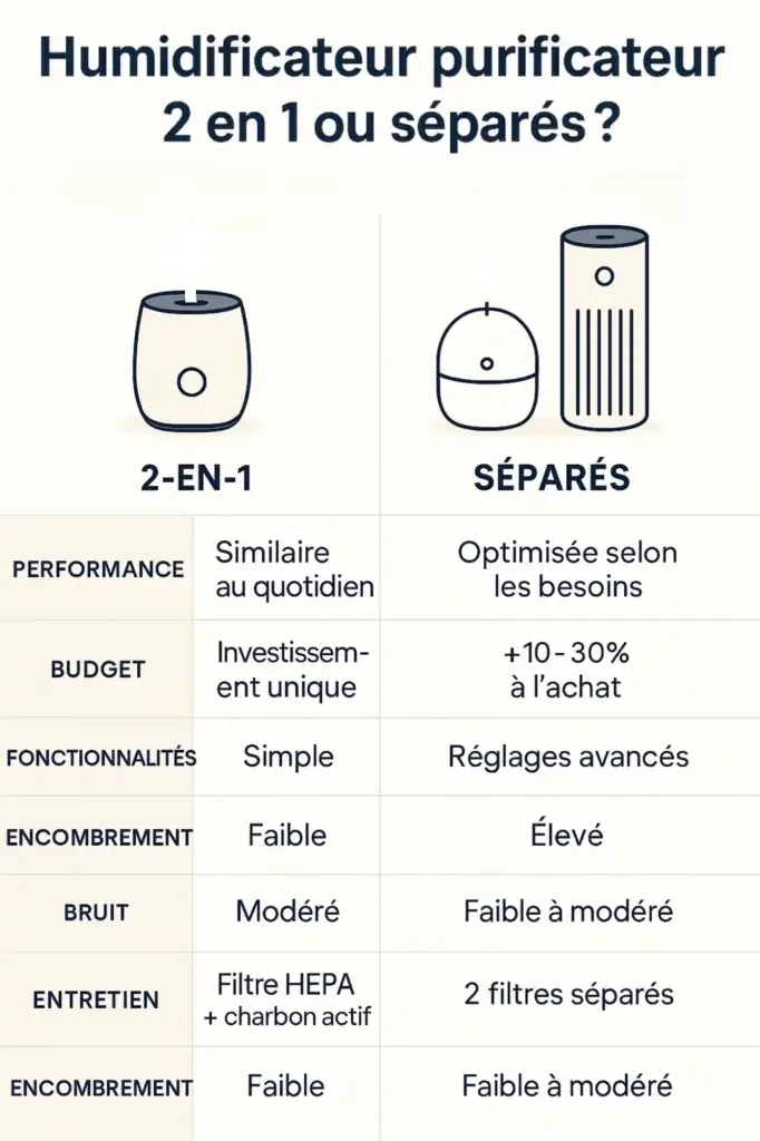 Comparaison visuelle entre un humidificateur purificateur 2-en-1 et deux appareils séparés : performance, budget, bruit, encombrement et entretien.