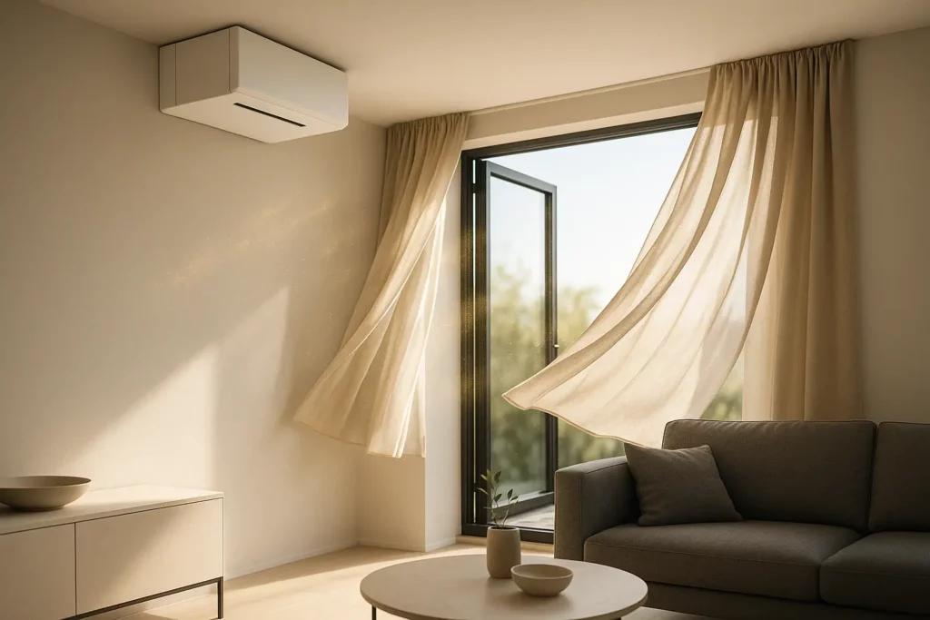 Salon lumineux avec fenêtre ouverte et rideaux flottants, illustrant une aération naturelle pour améliorer la qualité de l’air intérieur.