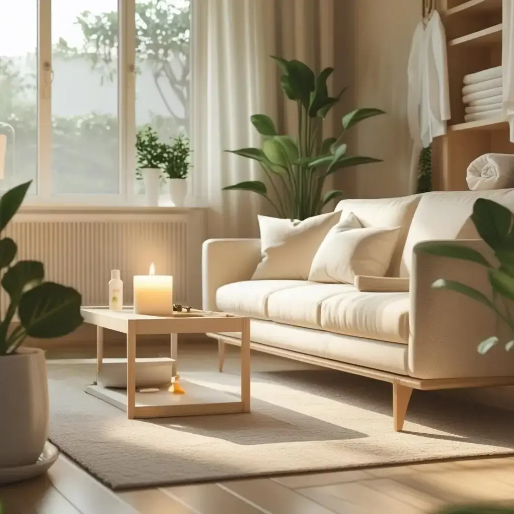 alon lumineux et naturel avec bougie allumée, plantes vertes et ambiance cocooning — illustration du confort intérieur et de l’impact de la qualité de l’air.