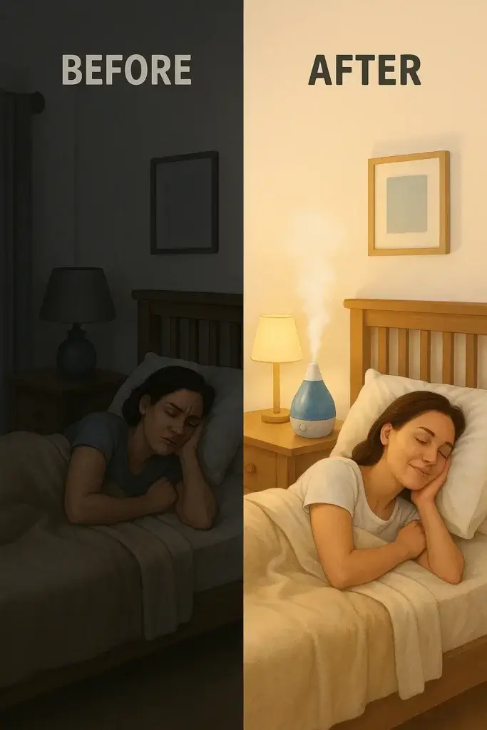 Comparaison avant-après du sommeil avec et sans humidificateur dans une chambre trop sèche, illustrant l’impact de l’air sec sur la qualité du sommeil