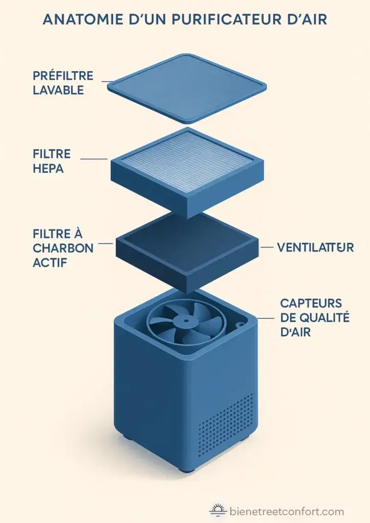 Schéma éclaté d'un purificateur d'air montrant les différentes couches : préfiltre lavable, filtre HEPA, filtre à charbon actif, ventilateur et capteurs de qualité d'air