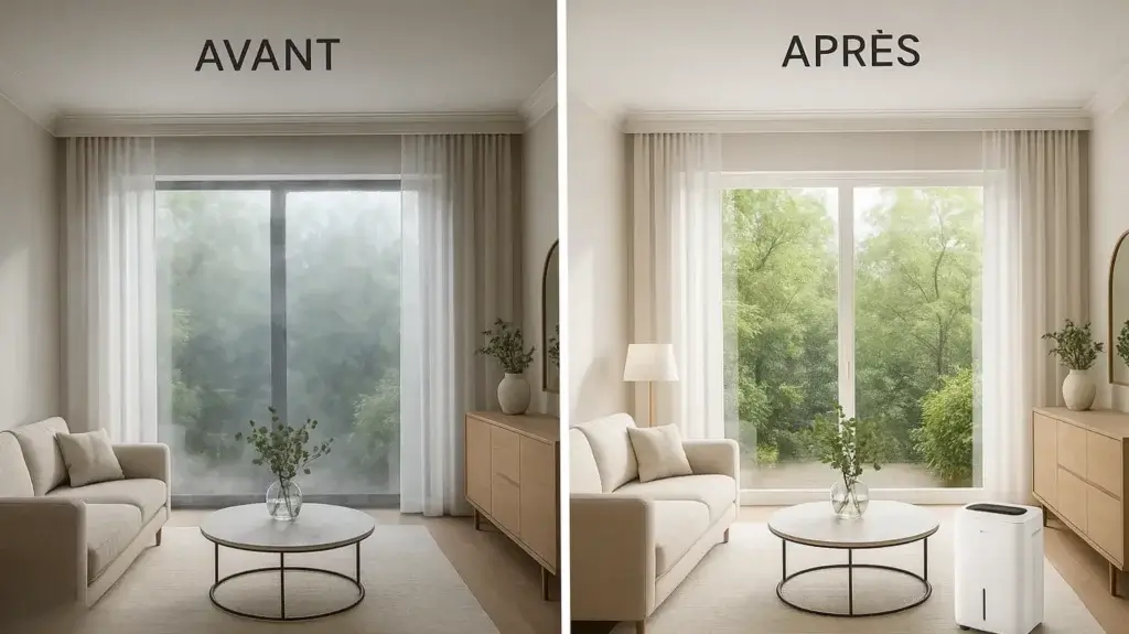 Comparaison avant/après d'un salon avec fenêtre. À gauche (avant), la fenêtre est embuée et la vue extérieure est floue. À droite (après), grâce au déshumidificateur visible dans la pièce, la fenêtre est parfaitement claire, révélant une vue nette sur le paysage verdoyant et rendant l'espace plus lumineux.