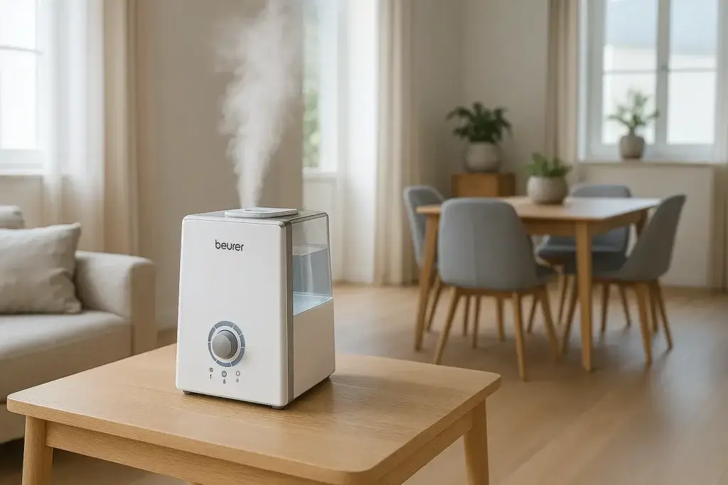 Humidificateur Beurer LB88 en fonctionnement dans un grand salon lumineux et moderne, adapté aux grandes pièces.