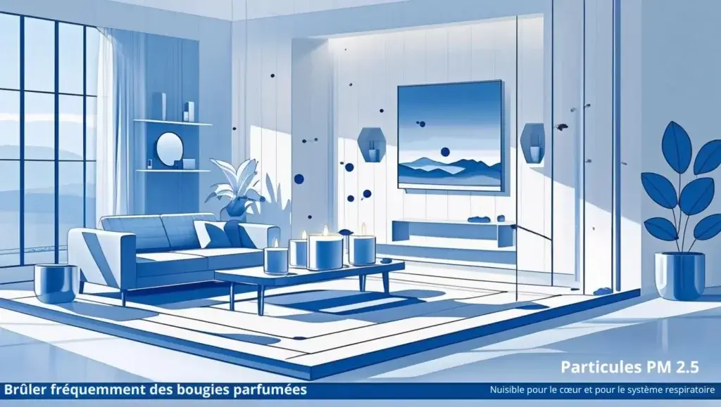 Illustration vectorielle d’un salon avec bougies parfumées allumées, représentant la pollution de l’air intérieur par les particules fines PM2.5. Message de prévention : « Brûler fréquemment des bougies parfumées – nuisible pour le cœur et le système respiratoire