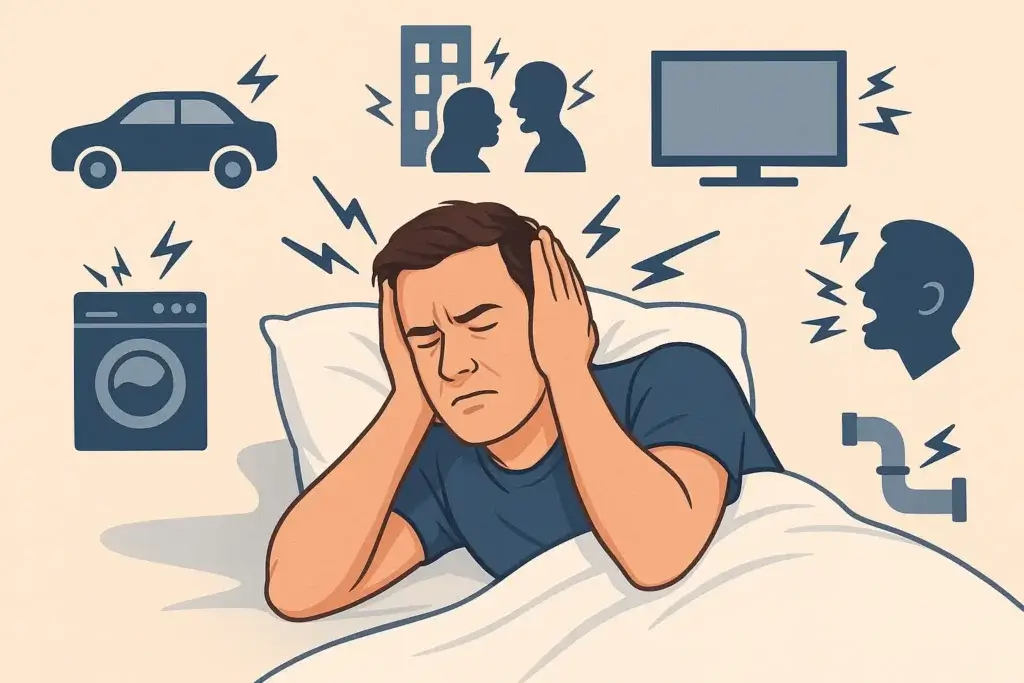 Homme allongé, les mains sur les oreilles, perturbé par des bruits extérieurs comme les voitures, les discussions, la télévision, les tuyauteries ou les appareils électroménagers, représentant les nuisances sonores nocturnes.