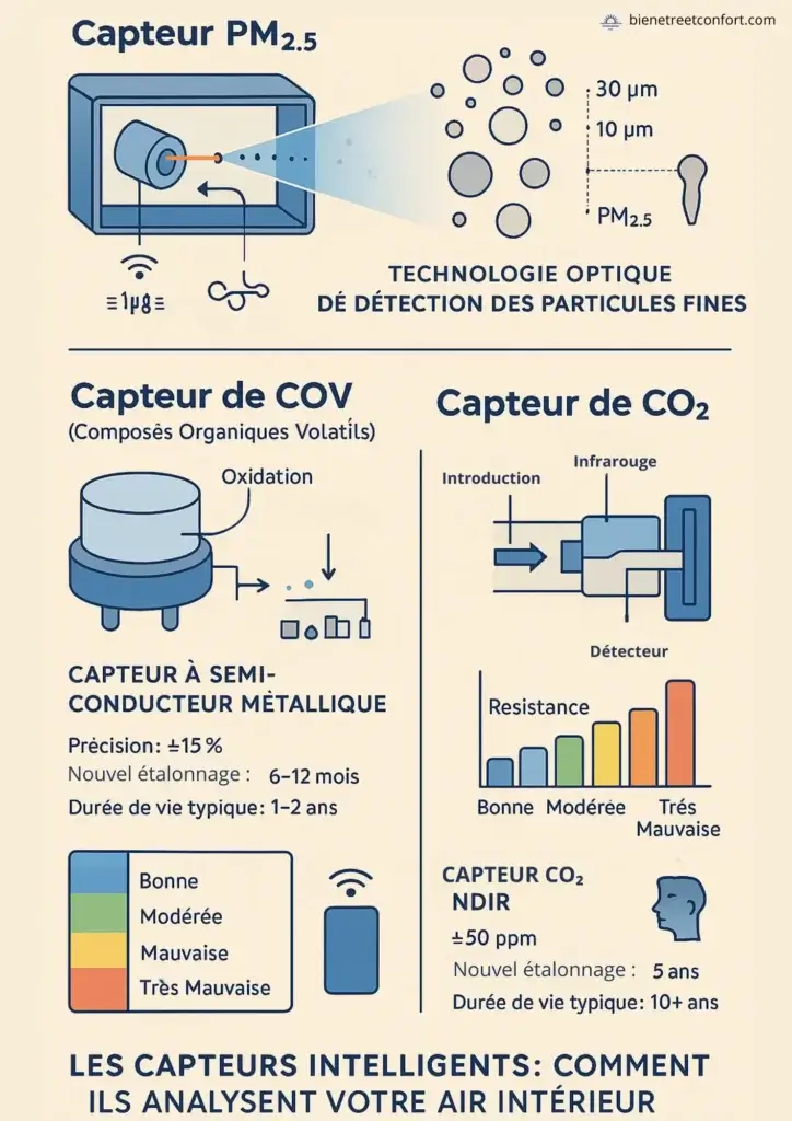 nfographie expliquant le fonctionnement des capteurs PM2.5, COV et CO2 dans les purificateurs d’air