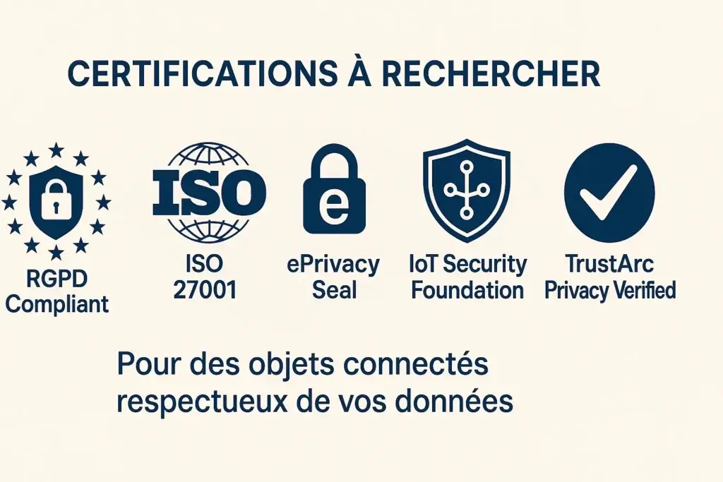 Logos des 5 principales certifications à rechercher pour les objets connectés éthiques : RGPD Compliant, ISO 27001, ePrivacy Seal, IoT Security Foundation et TrustArc Privacy Verified, garantissant la protection des données personnelles.