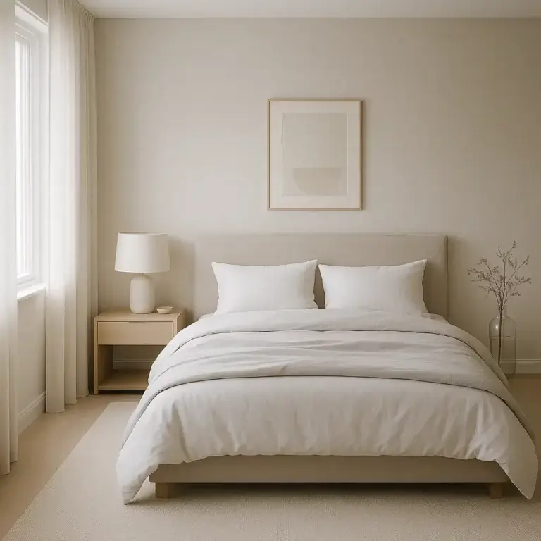 Chambre élégante, lumineuse et minimaliste avec lit double parfaitement fait, ambiance calme et propice au sommeil