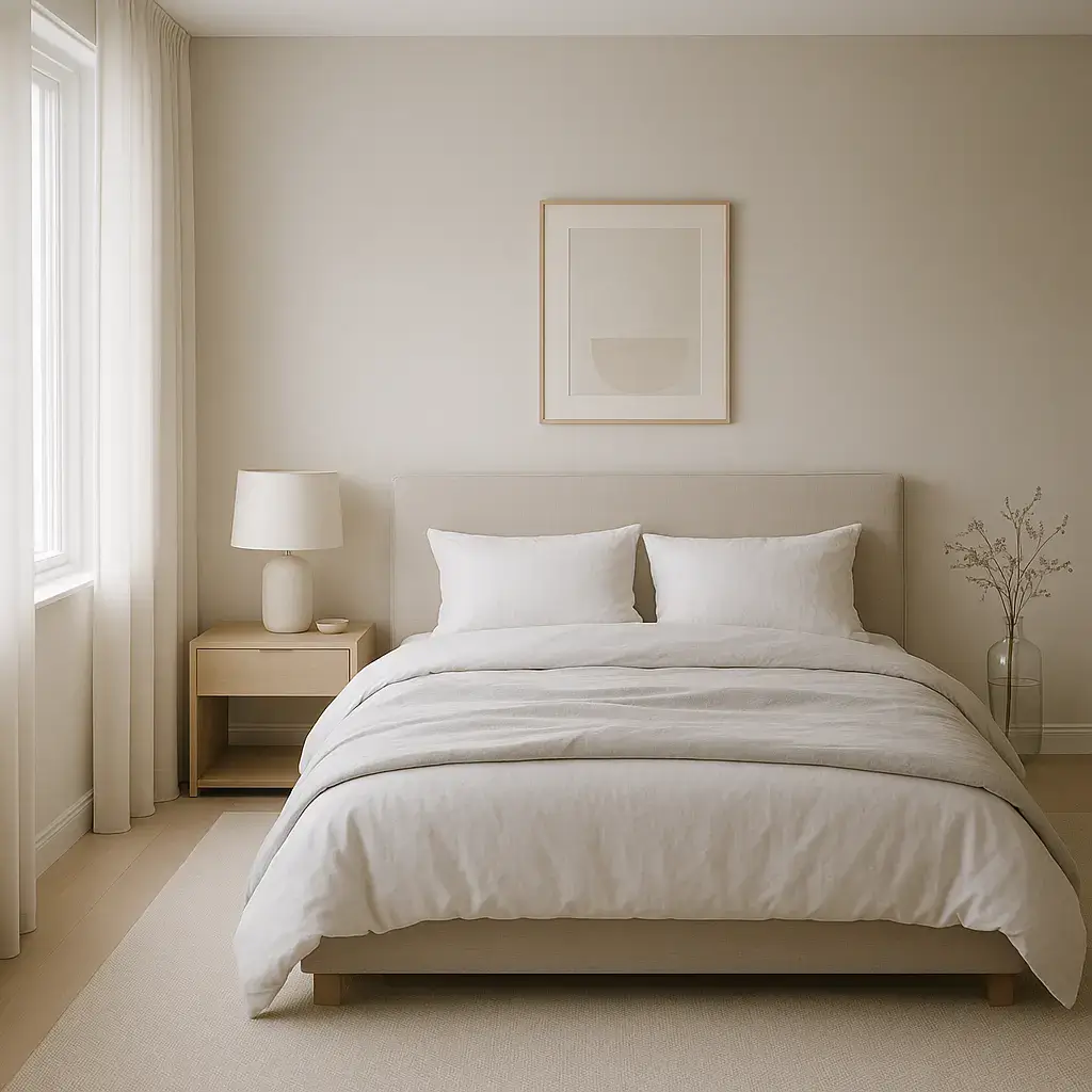 Chambre élégante, lumineuse et minimaliste avec lit double parfaitement fait, ambiance calme et propice au sommeil