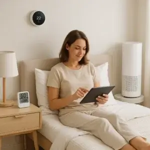 Purificateur d’air connecté et technologies intelligentes : guide 2026 Femme dans une chambre connectée contrôlant un purificateur intelligent via une tablette