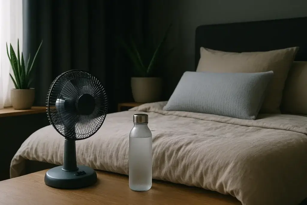 Chambre avec ventilateur et bouteille glacée pour rafraîchir l'air sans climatisation pendant la canicule