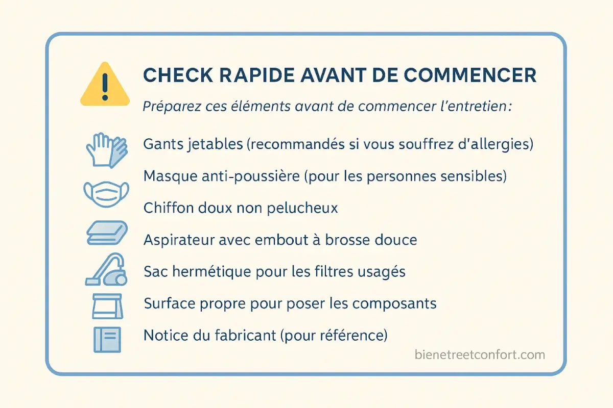 Liste illustrée des équipements à préparer avant l’entretien d’un purificateur d’air : gants, masque, chiffon, aspirateur, sac, surface propre et notice