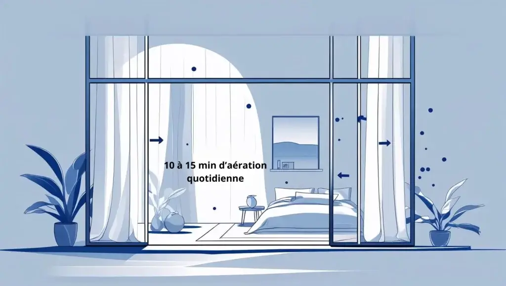 Illustration d’une chambre bien ventilée avec flèches de circulation d’air et mention « aérer 10 à 15 min par jour