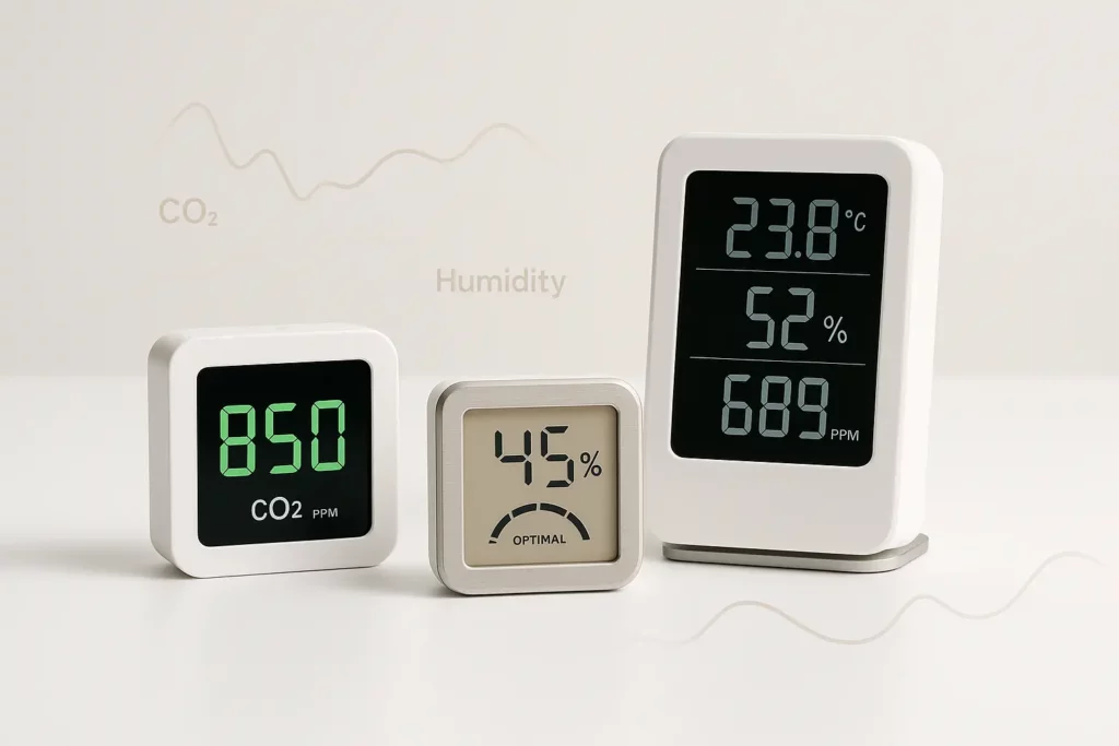 Capteurs numériques affichant CO₂, humidité et température pour surveiller la qualité de l’air intérieur avec précision.
