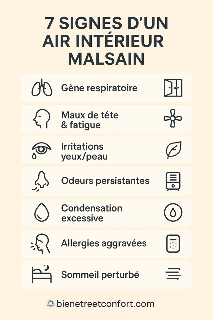 Infographie - 7 signes d’un air intérieur malsain + solutions simples pour améliorer la qualité de l’air chez soi