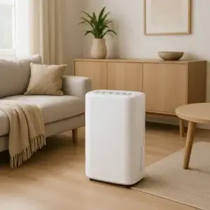 Déshumidificateur automatique : guide d'achat 2025 Un déshumidificateur automatique blanc, au design épuré et moderne, placé sur un parquet clair dans un salon au style minimaliste et chaleureux. L'appareil s'intègre harmonieusement à la décoration composée d'un canapé beige avec plaid à franges, d'un buffet en bois clair avec plante verte, et d'une table basse ronde. L'ambiance générale est lumineuse et sereine.