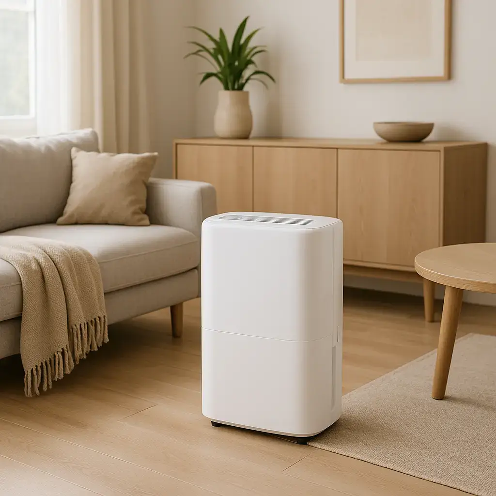 Un déshumidificateur automatique blanc, au design épuré et moderne, placé sur un parquet clair dans un salon au style minimaliste et chaleureux. L'appareil s'intègre harmonieusement à la décoration composée d'un canapé beige avec plaid à franges, d'un buffet en bois clair avec plante verte, et d'une table basse ronde. L'ambiance générale est lumineuse et sereine.