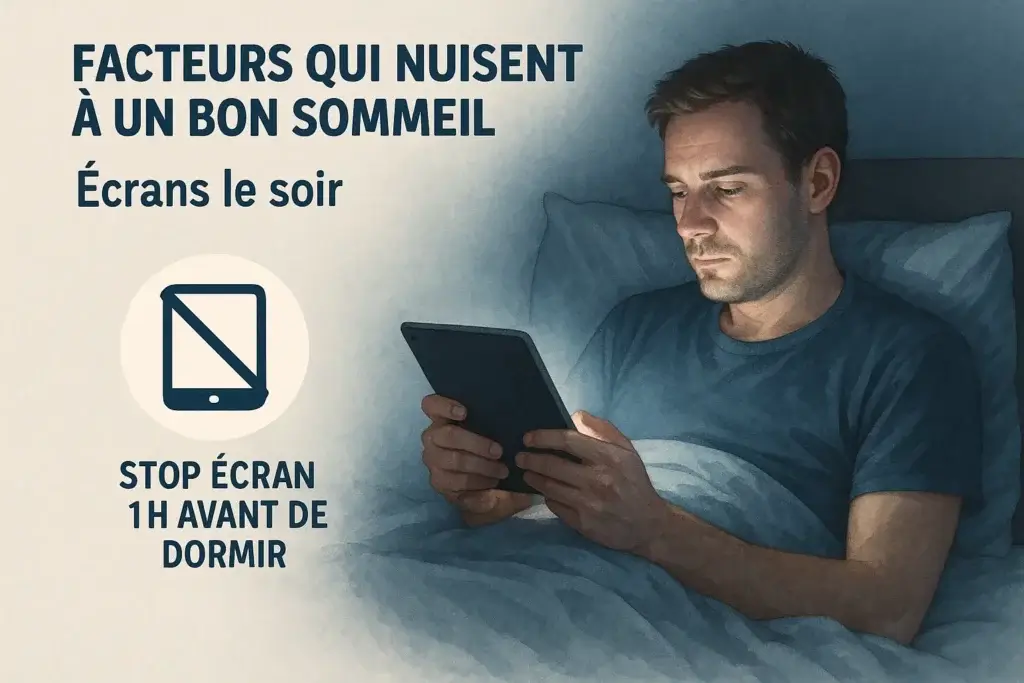 Homme regardant une tablette au lit, effet négatif des écrans sur l'endormissement avec message stop écran 1h avant de dormir