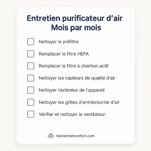 Aperçu graphique de la checklist mensuelle d’entretien d’un purificateur d’air, à télécharger en PDF
