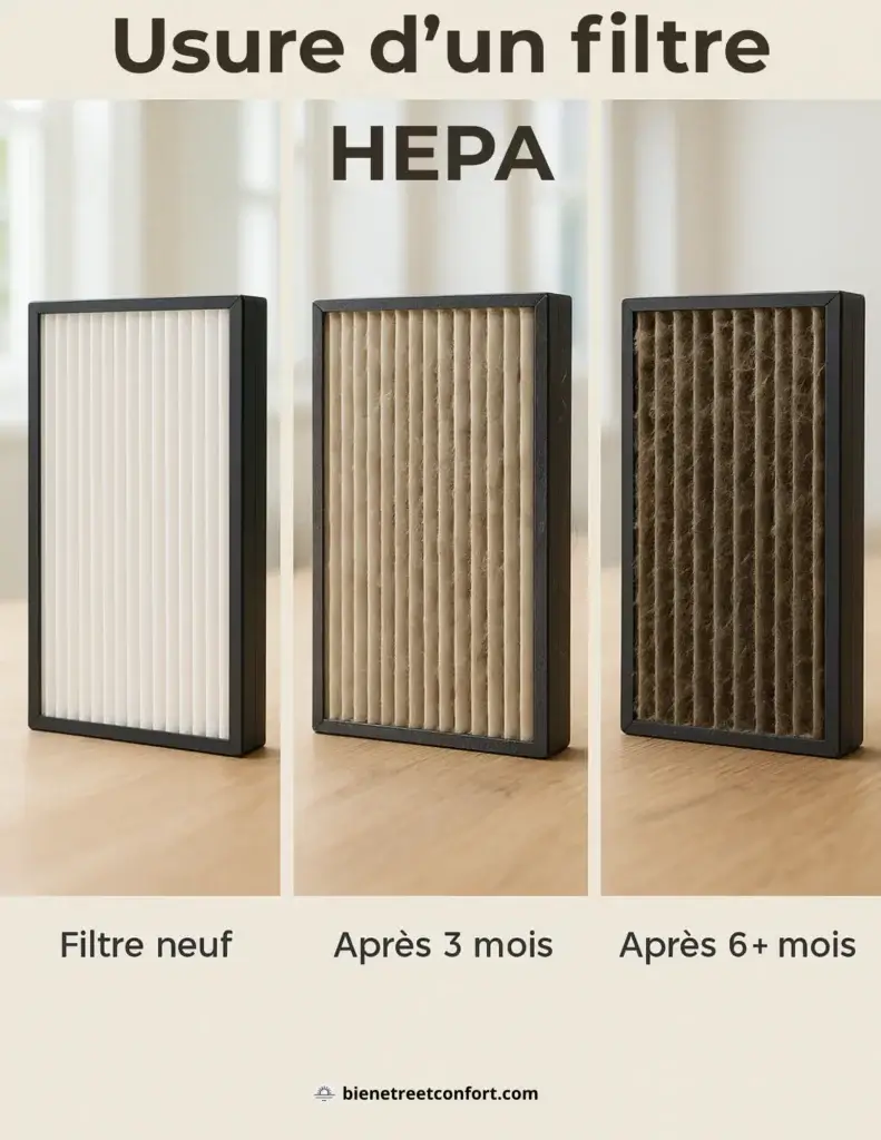 Comparatif visuel d’un filtre HEPA neuf, après 3 mois d’usage et après 6 mois – démonstration de l’encrassement progressif et perte d’efficacité du filtre