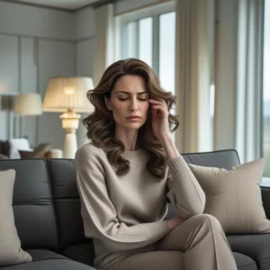 7 signes que votre air intérieur est malsain (et comment y remédier) Femme dans un salon lumineux, l’air préoccupé, main sur la tempe – illustration d’un inconfort intérieur lié à la qualité de l’air