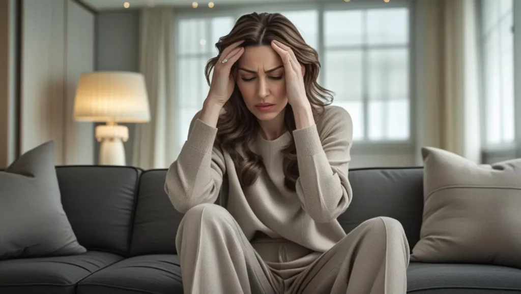 Femme souffrant de fatigue à la maison, signe potentiel d’un air intérieur malsain et mal ventilé.