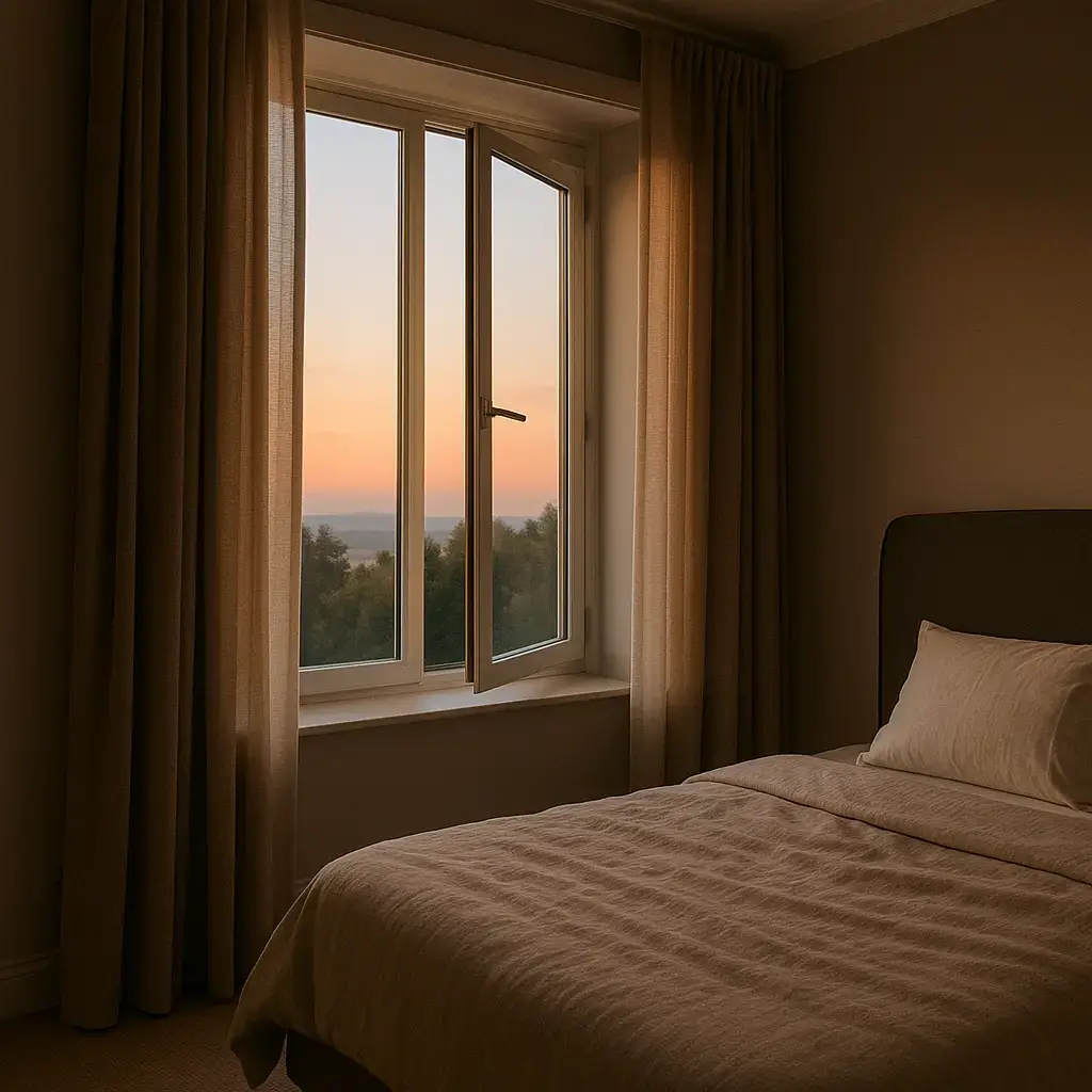 Fenêtre ouverte à l'aube dans une chambre apaisante, pour aération matinale pendant la canicule et la pollution