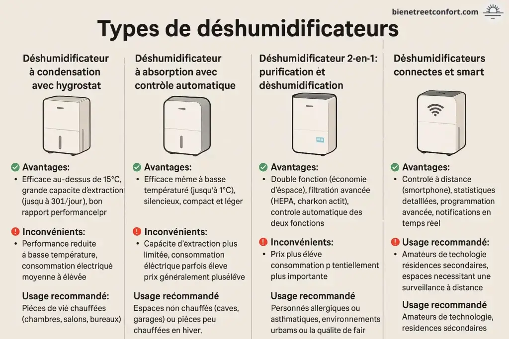Infographie présentant quatre types de déshumidificateurs : à condensation avec hygrostat, à absorption avec contrôle automatique, 2-en-1 (purification et déshumidification), et connectés/smart. Chaque type est illustré avec son appareil caractéristique, ses avantages (en vert), inconvénients (en rouge) et usage recommandé. L'infographie permet de comparer les technologies selon l'efficacité en fonction de la température, la capacité d'extraction, le niveau sonore, et les fonctionnalités spécifiques