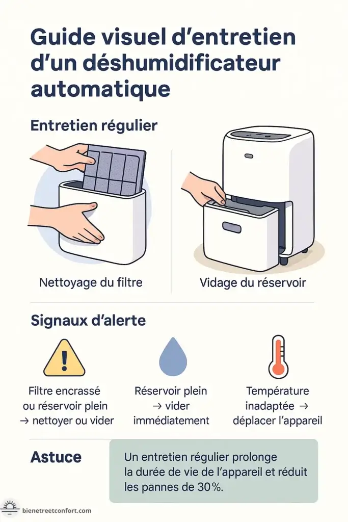 Infographie présentant le guide d'entretien d'un déshumidificateur automatique. En haut, section 'Entretien régulier' montrant une personne nettoyant le filtre à gauche et vidant le réservoir à droite. Au milieu, section 'Signaux d'alerte' avec trois icônes : triangle d'avertissement (filtre encrassé/réservoir plein), goutte d'eau (réservoir plein) et thermomètre (température inadaptée), chacun accompagné de l'action recommandée. En bas, une astuce rappelant qu'un entretien régulier prolonge la durée de vie de l'appareil et réduit les pannes de 30%.