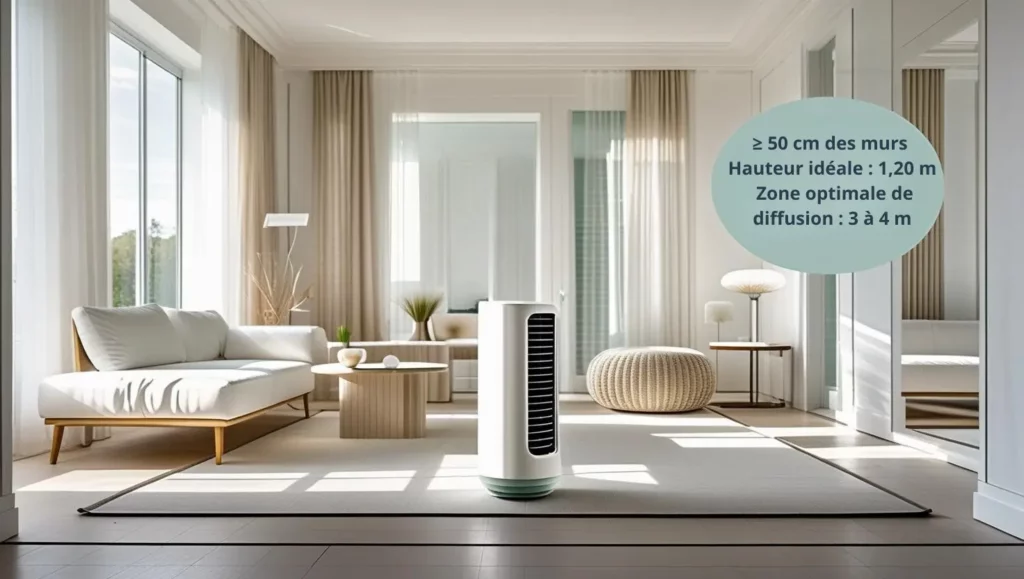 Ioniseur blanc placé au centre d’un salon lumineux, à 50 cm des murs et à hauteur idéale de diffusion pour optimiser la purification de l’air