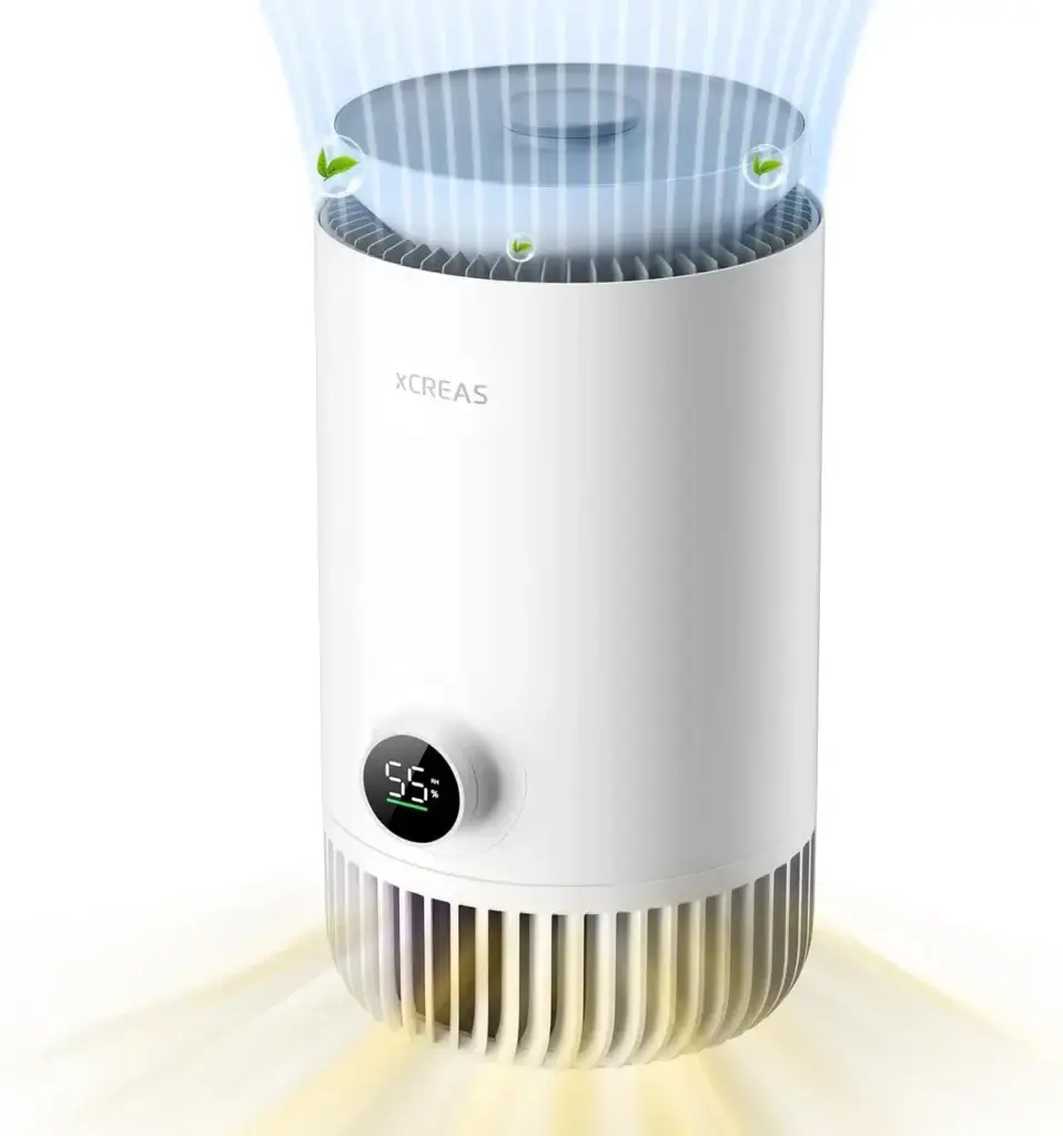 xCREAS 2-en-1 : humidificateur et purificateur d’air compact avec filtre HEPA et charbon actif, pour petite pièce jusqu’à 20m²