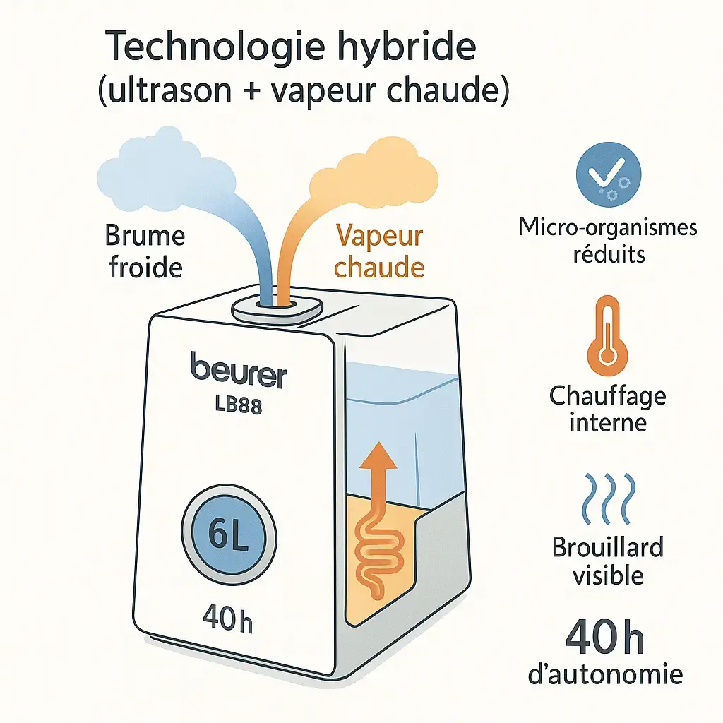 Schéma technique humidificateur Beurer LB88 technologie hybride ultrason + vapeur chaude, coupe transversale montrant réservoir 6L, autonomie 40h, brume froide bleue et vapeur chaude orange, réduction micro-organismes