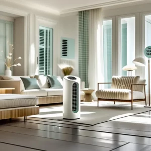 Ioniseur d'air : Guide complet - Fonctionnement, avantages et choix Ioniseur d’air blanc silencieux posé au centre d’un salon élégant et lumineux, ambiance bien-être moderne avec fauteuil en velours et rideaux crème.