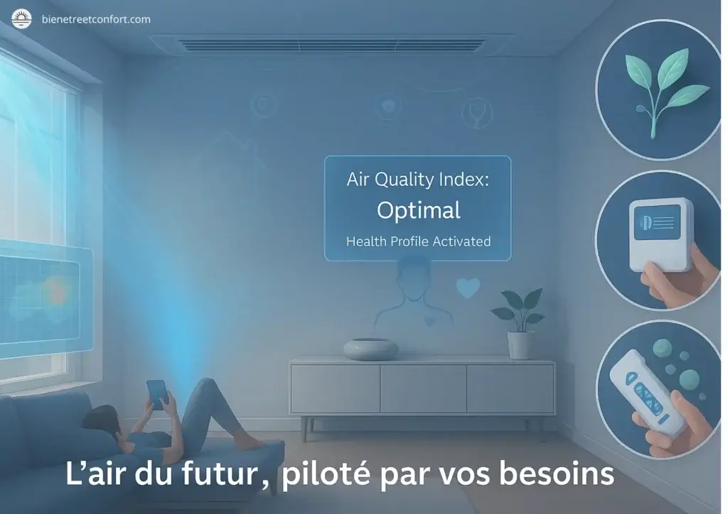 Illustration futuriste d’un salon connecté avec affichage de l’indice de qualité de l’air optimal