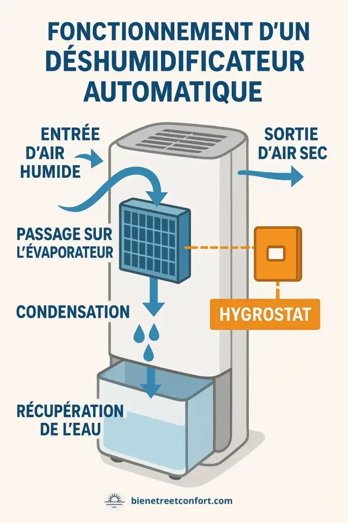 Schéma explicatif du fonctionnement d'un déshumidificateur automatique. L'illustration montre le parcours de l'air humide entrant par le haut, passant sur l'évaporateur où se produit la condensation. Les gouttes d'eau sont ensuite récupérées dans un réservoir en bas de l'appareil. L'air sec ressort par la droite, tandis qu'un hygrostat orange contrôle automatiquement le processus.