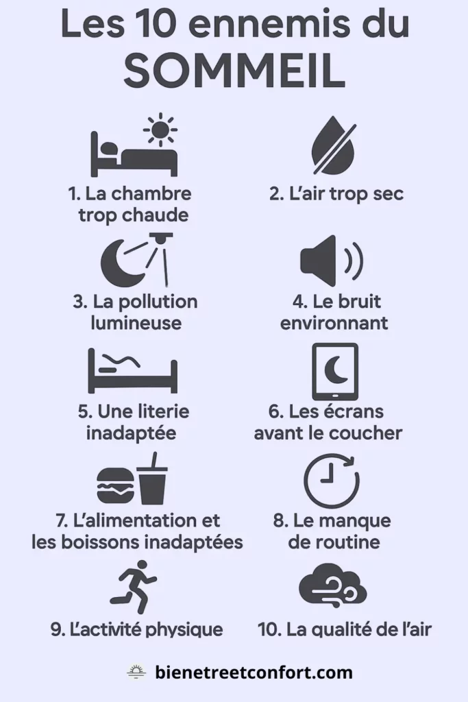 Infographie listant les 10 ennemis du sommeil : chaleur, air sec, lumière, bruit, literie, écrans, alimentation, routine, activité physique, qualité de l’air