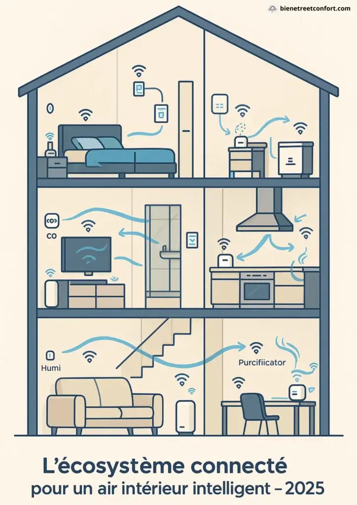 Plan de maison intelligente illustrant les appareils connectés pour le traitement de l’air intérieur en 2025