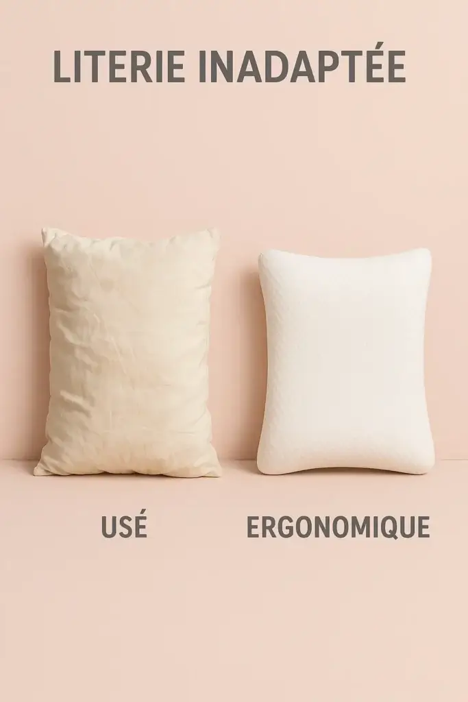 Comparaison entre un oreiller usé et un oreiller ergonomique pour améliorer la qualité du sommeil et la posture