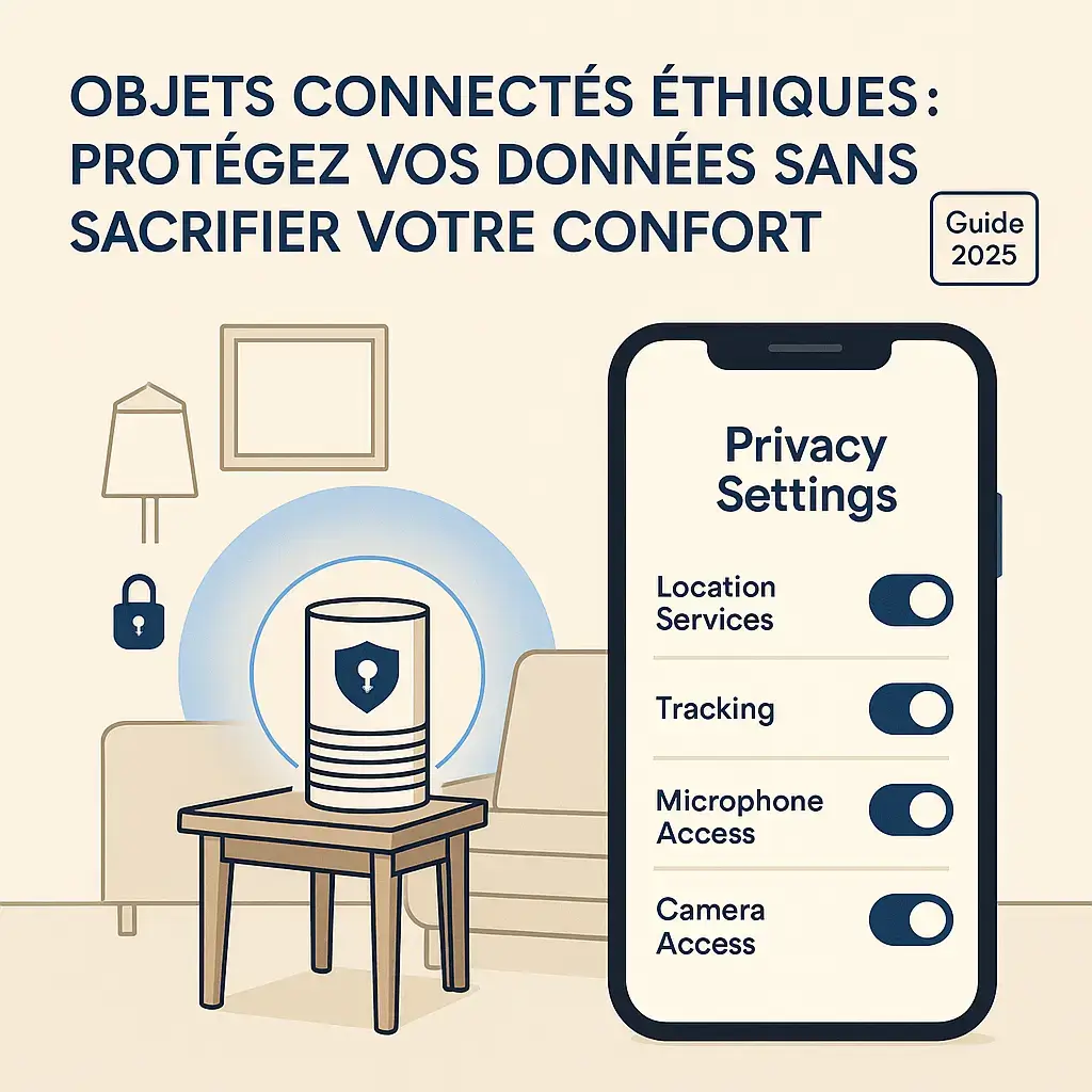 Illustration montrant un purificateur d'air connecté entouré d'un halo protecteur bleu à côté d'un smartphone affichant des paramètres de confidentialité activés. L'image symbolise la protection des données personnelles avec des objets connectés éthiques pour la qualité de l'air.