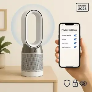 Objets connectés éthiques pour la qualité de l’air : comment protéger vos données sans sacrifier votre confort Purificateur d'air Dyson avec halo protecteur et smartphone affichant les paramètres de confidentialité activés pour la protection des données personnelles dans les objets connectés éthiques pour la qualité de l'air intérieur.