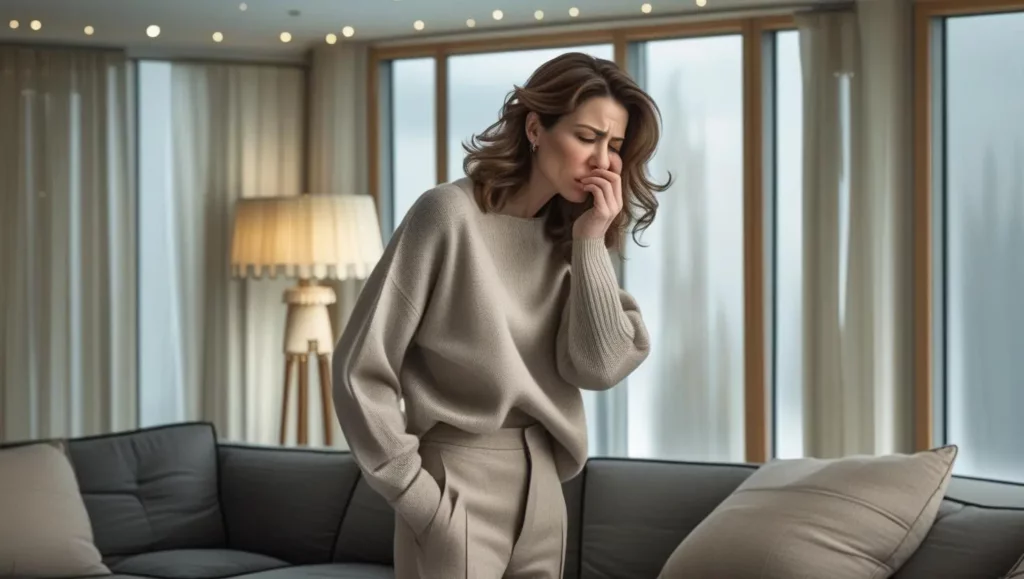 Femme dérangée par une odeur désagréable dans son salon, illustrant les signes d’un air intérieur pollué ou mal ventilé.